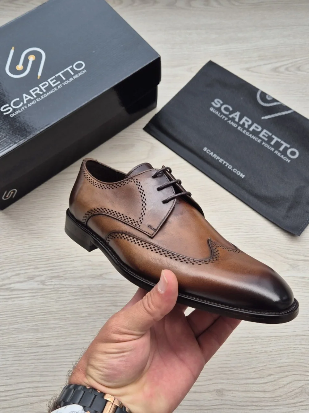 Rinaldo Whiskey Brown Leather Wingtip Brogue Derby Shoes – Hand-Burnished Patina